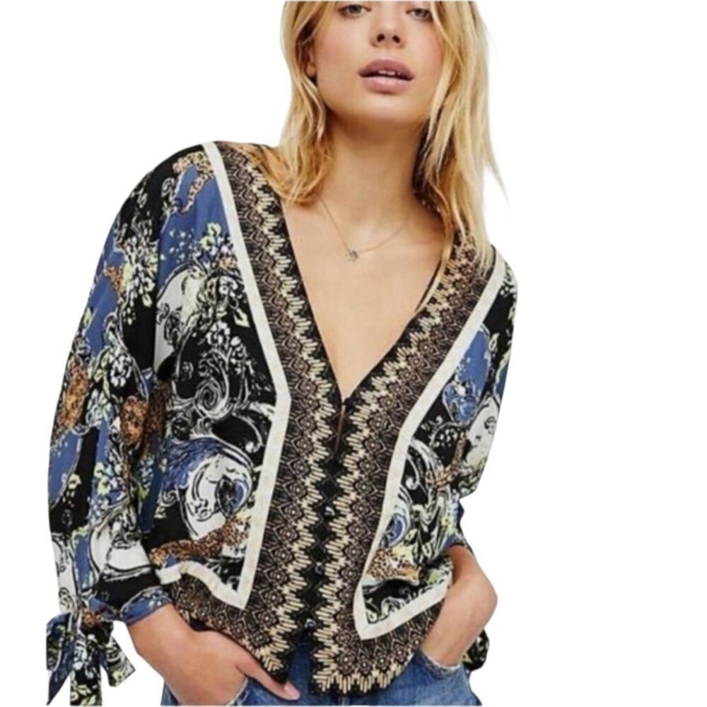 Free People Catch Me If You Can Tie Sleeve Blouse Size Small Flowy Peasant Boho